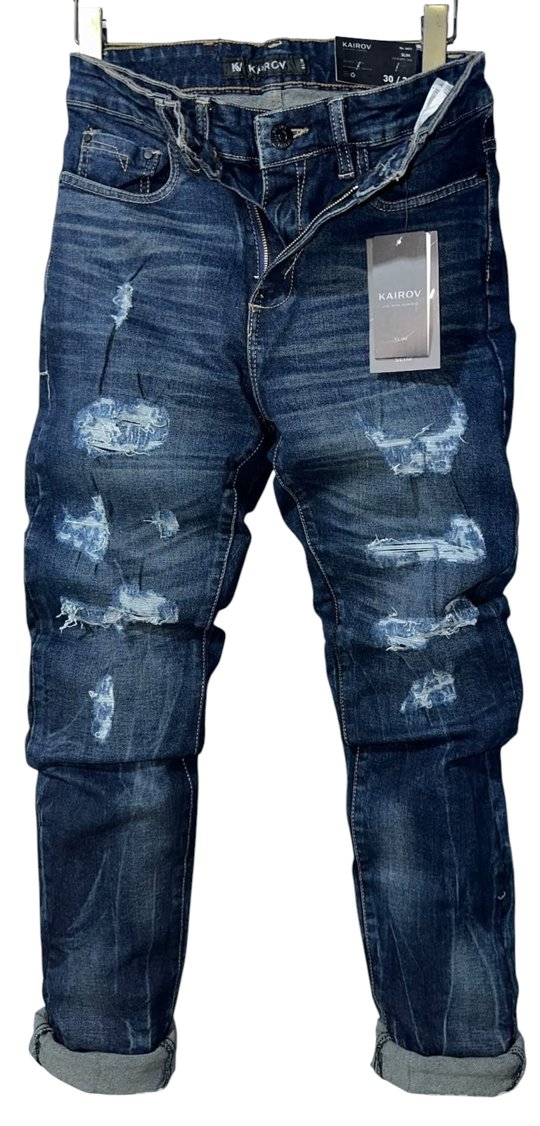 Pantalones de mezclilla Mi tienda KAIROV slim fit en azul profundo con detalles desgastados y roturas modernas.