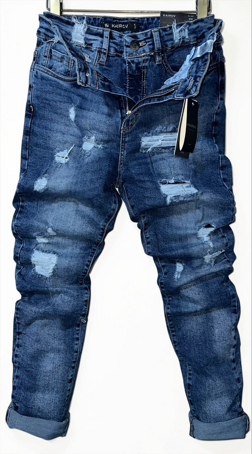 Pantalones de mezclilla Mi tienda KAIROV corte slim en azul medio con deslavado y rasgaduras para hombre